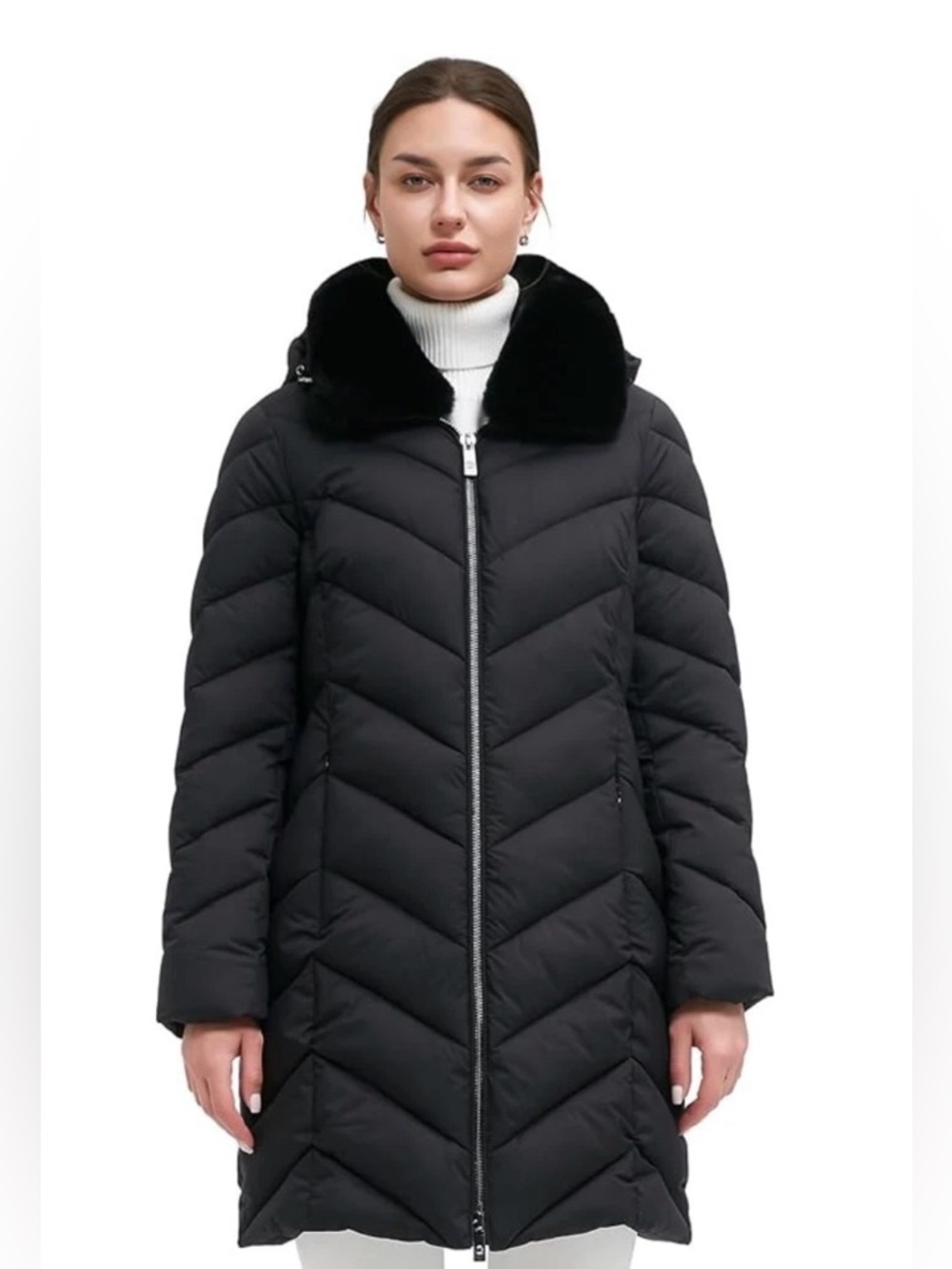 BINACL Women's Black Quilted Long Puffer Coat, Faux Fur Collar, Wind Proof. R14